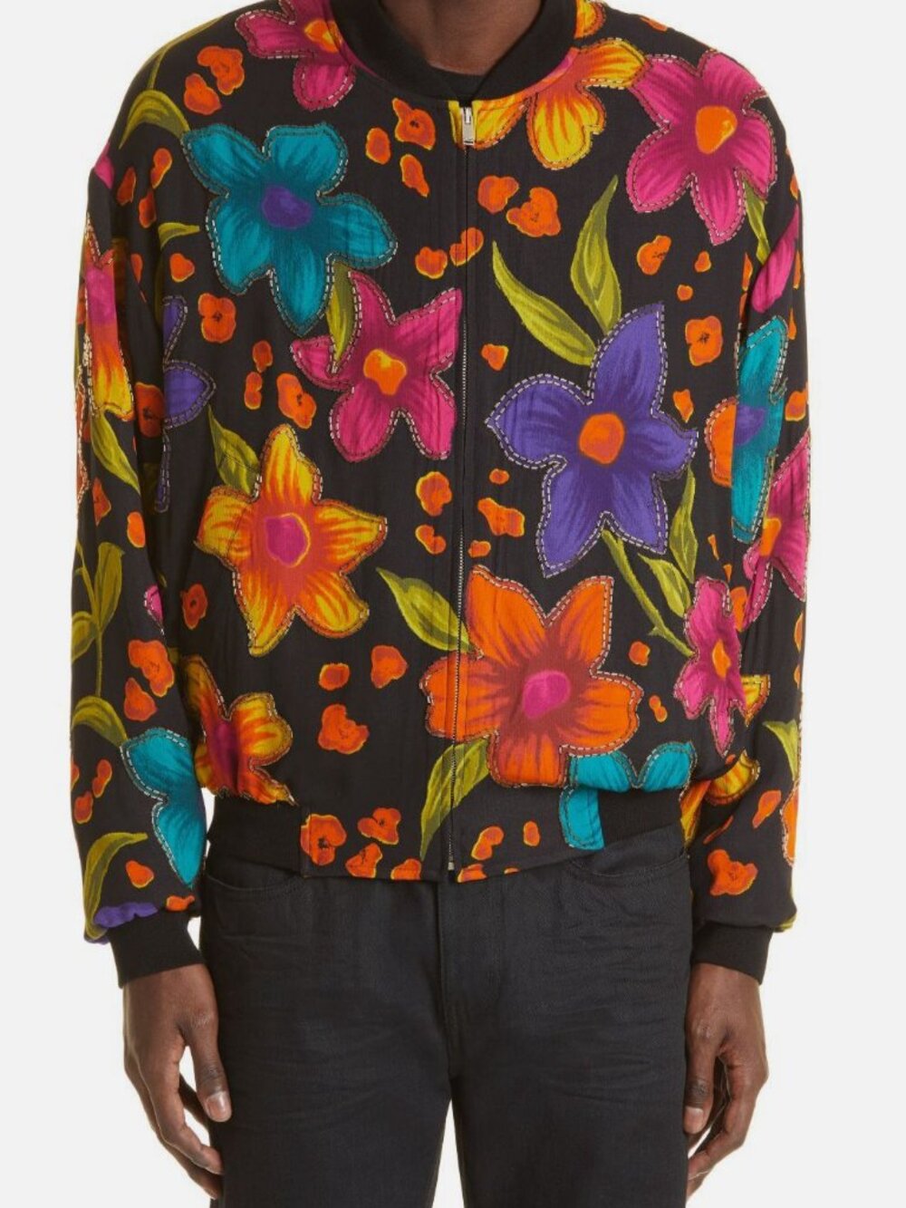 Saint Laurent Paris Men's Black Floral Crepe Beaded Teddy Bomber Jacket Size 54